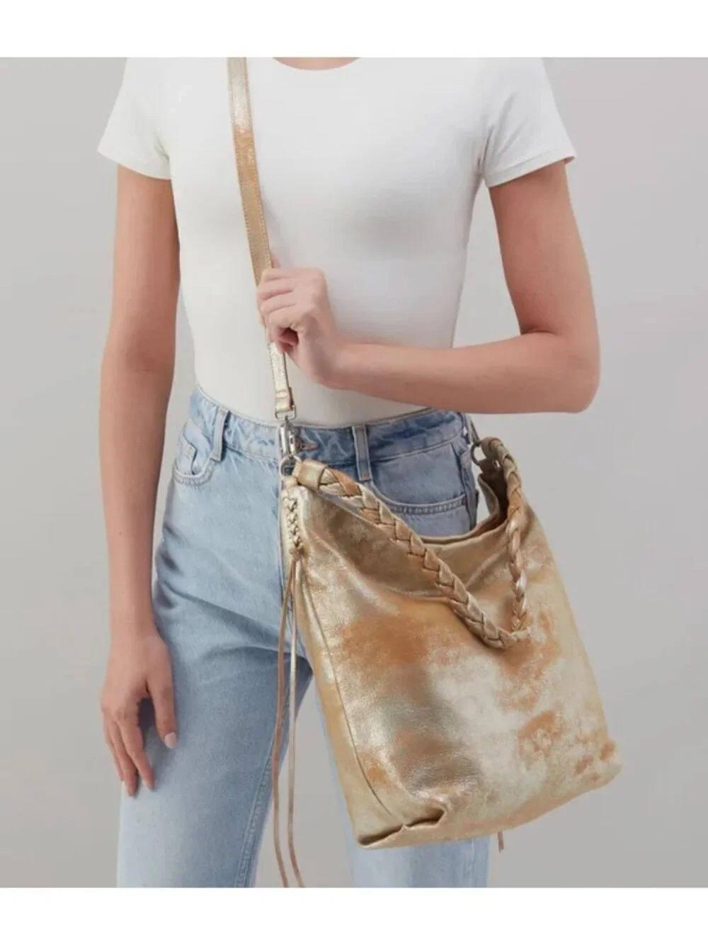 Hobo Lindley Metallic Leather Shoulder Bag With Braided Strap & Tassels Sandlewo